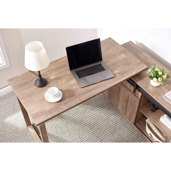 English Elm Desk L-Shaped Workstation With Storage Credenza & Sliding Barn Door – Modern Hazelnut Finish Design B107S00003