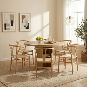 English Elm 6-piece Round Pedestal Dining Set with Woven Wishbone Chairs and Fluted Column Base Natural Wood,Wood W2920S00151