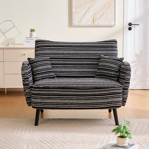 English Elm Modern tufted two-seater sofa with boucle upholstery, tapered legs, storage pockets, cozy compact design Black W395P376591