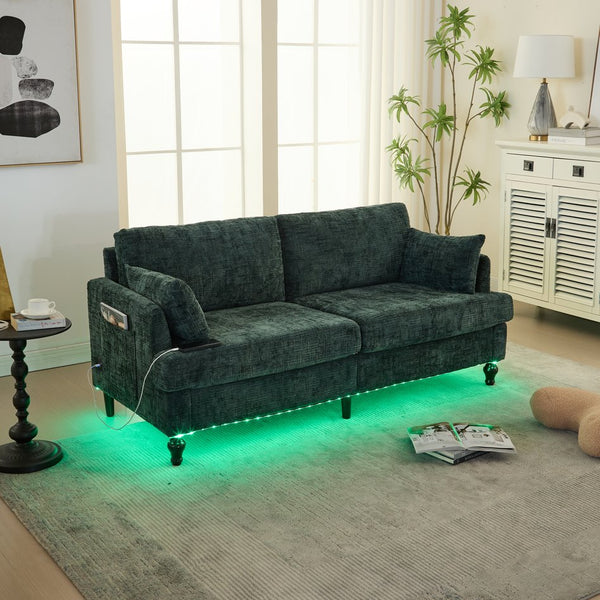 English Elm Modern chenille 2-seater sofa with LED lighting, USB charging, storage pocket, sturdy wood legs Emerald W395P318546