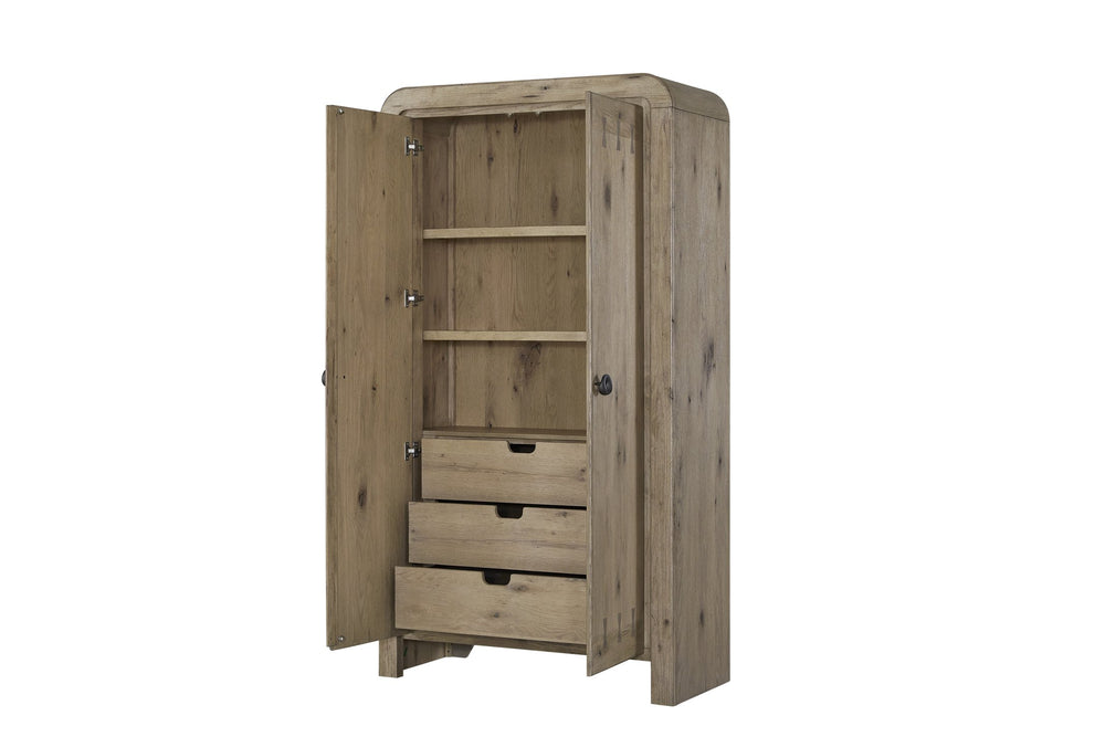 English Elm Armoire in English Knotty Oak Veneer - Solid Wood/MDF, Adjustable Shelves, 3 Drawers, Soft-Close Hinges B2699P409559