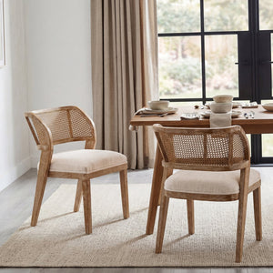 English Elm Upholstered Woven Rattan Back Dining Chairs Set of 2 Farmhouse Rubberwood Frame N776P394378B