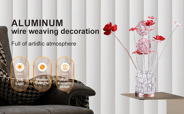 English Elm Aluminum 4 Red Roses Table Lamp With Hexagonal Chrome Vase - Modern Led Decor For Living Spaces B072P220156