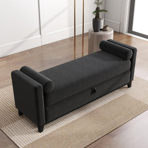 English Elm 66 Inch Sherpa Upholstered Storage Bench with Fluted Wood Base and Bolster Pillows Black W1658P446127