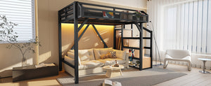 English Elm Twin Metal Loft Bed with Wardrobe Shelves Storage Stairs Led Lighting Usb Ports W1580S00404