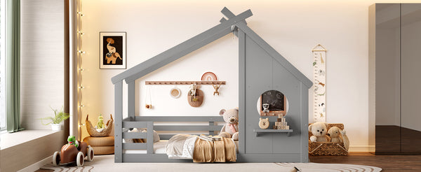 English Elm Twin House Floor Bed with Window & Shelf, Solid Wood Pitched Roof Design for Safe Cozy Sleep Grey W1580P362683