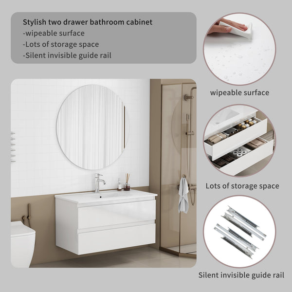 English Elm 36-inch Glossy White Bathroom Vanity with Ceramic Sink Soft Close Drawers Minimalist W3151S00065