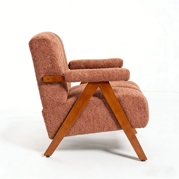 English Elm Mid-century Modern Chenille Lounge Chair Set Oak Frame Cloud Silhouette Living Room Rust Red W1170S00049