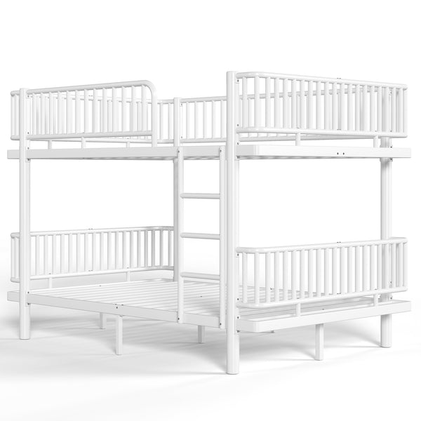 English Elm Queen Over Metal Bunk Bed Convertible Platform Frame with Safety Guardrails Light White W5305S00064