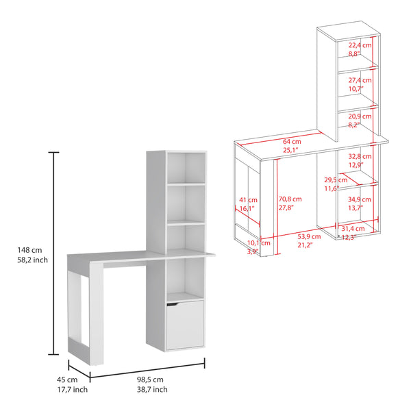 English Elm Iowa White Computer Desk with 4-Tier Bookcase and Cabinet — Compact Engineered Wood Workspace, Storage B070P188863