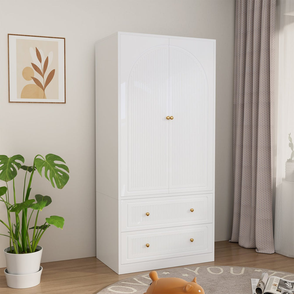 English Elm Armoire Wardrobe with Soft Close Doors Two Drawers Mdf Wood Bedroom Storage White T3773P416712