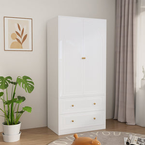 English Elm Armoire Wardrobe with Soft Close Doors Two Drawers Mdf Wood Bedroom Storage White T3773P416712
