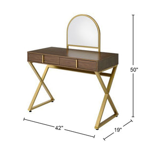 English Elm 2 Drawers Vanity Desk With Elegant Mirror & Jewelry Tray, Modern Walnut & Gold Finish For Chic Spaces B016P317489