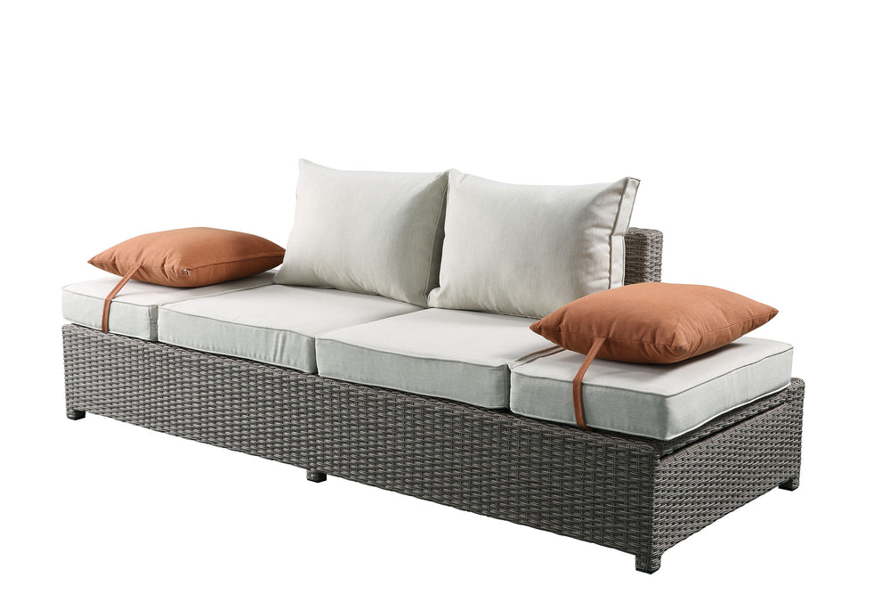 English Elm Salena Gray+Beige All-Weather Wicker Patio Sofa & Ottoman with 2 Toss Pillows, Foam Cushions, No-Assembly B2726P245456