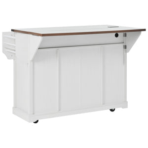 English Elm K&K 58" Farmhouse Kitchen Island with Sliding Barn Door, Drop Leaf, Glass Rack, Locking Wheels, Power White N707P349811W