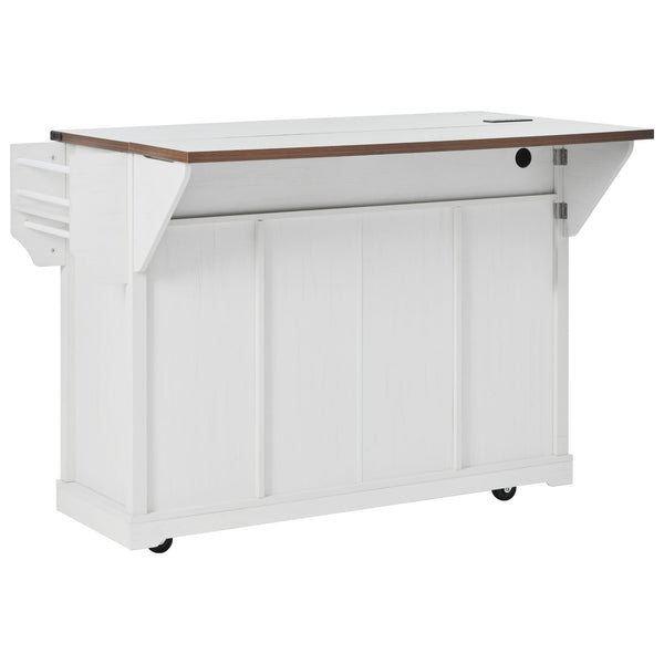 English Elm K&K 58" Farmhouse Kitchen Island with Sliding Barn Door, Drop Leaf, Glass Rack, Locking Wheels, Power White N707P349811W