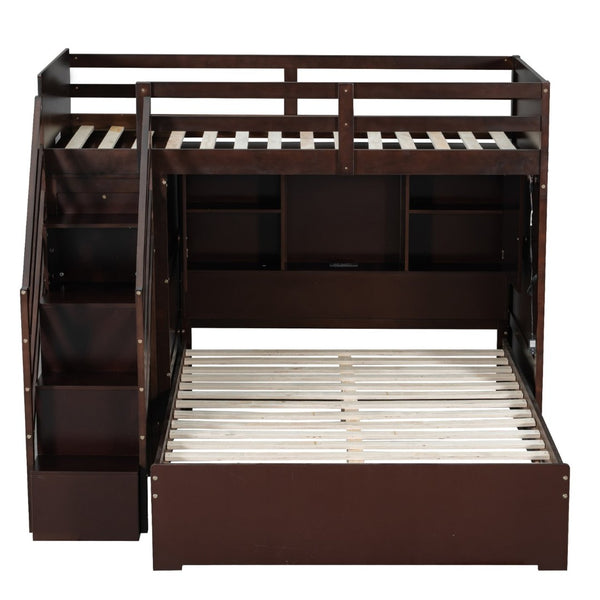 English Elm Twin Over Full Bunk Bed with Wardrobe Storage Stairs Shelves and Usb Charging Espresso LT000292AAP
