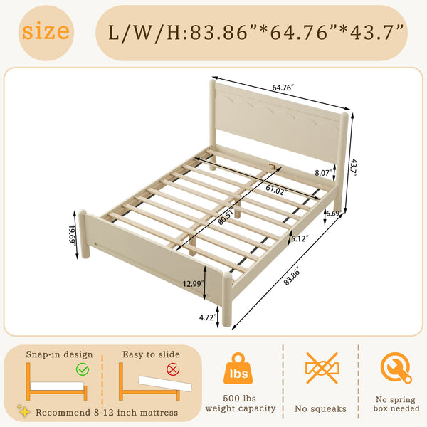 English Elm Queen Platform Bed Frame - Solid Rubberwood Construction, 10 Slats Support, No Box Spring Needed, Stylish Headboard and Under-Bed Storage Space Beige+Natural 63.39 L x 18.7 W x 4.53 H W1716S00023