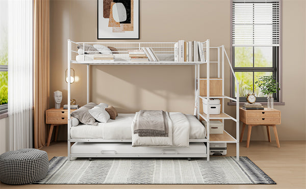 English Elm Twin Metal Bunk Bed with Trundle, Lateral Storage Ladder & Wardrobe | Space-Saving Durable Design White SF000173AAK