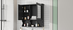 English Elm 30 30 Inch Mirror Medicine Cabinet with Half-Moon Design, Soft-Close Hinges, Open Shelf & Solid-Wood Frame Black N710P322812B