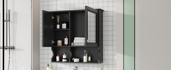 English Elm 30 30 Inch Mirror Medicine Cabinet with Half-Moon Design, Soft-Close Hinges, Open Shelf & Solid-Wood Frame Black N710P322812B