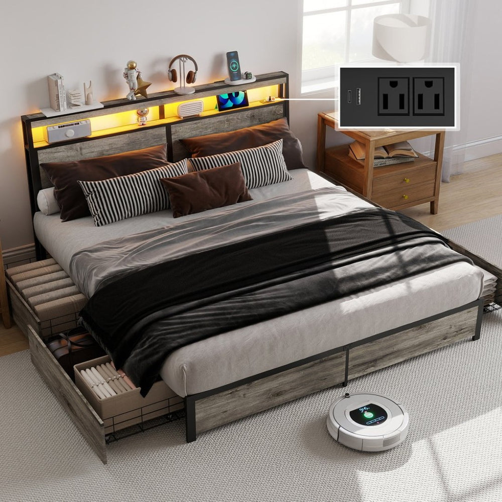 English Elm Queen Metal Platform Bed Rgb Led Headboard Charging Ports Under Storage 800lb T3963P491425