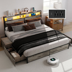 English Elm Queen Metal Platform Bed Rgb Led Headboard Charging Ports Under Storage 800lb T3963P491425