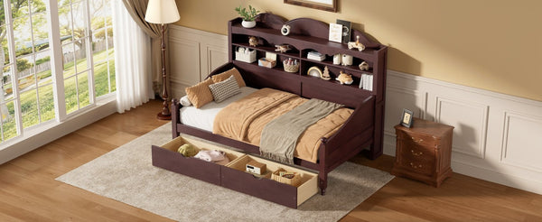 English Elm Twin Daybed Retro Wood Frame with Under Bed Drawers and Headboard Shelving Espresso N733S415358P