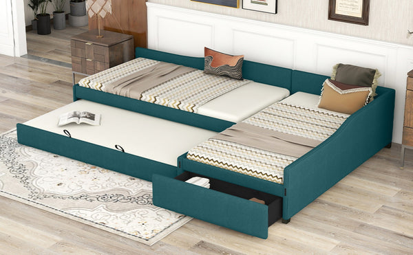 English Elm Upholstered Twin Daybed with Pull Out Trundle Linen Blend Sofa Style Studio Bed Green GX001316AAF