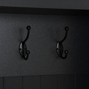 English Elm Farmhouse Hall Tree with Triple Arch Back Panel Eight Hooks Drawers and Entryway Bench Black N721S000075B