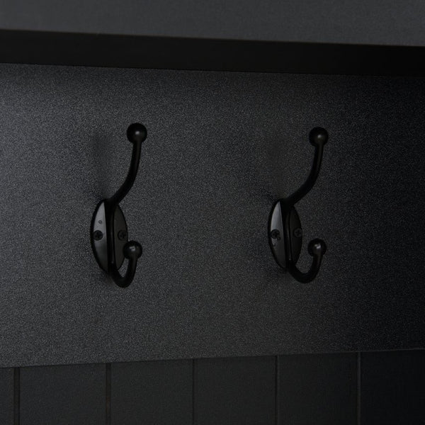 English Elm Farmhouse Hall Tree with Triple Arch Back Panel Eight Hooks Drawers and Entryway Bench Black N721S000075B