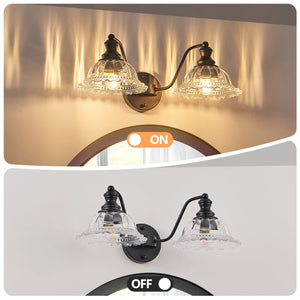 English Elm 20 Inch 2-Light Vintage Bathroom Wall Sconce - Black Iron & Glass Vanity Light for Mirror, Hallway, Bedroom, Hardwired Elegance W1340P284600