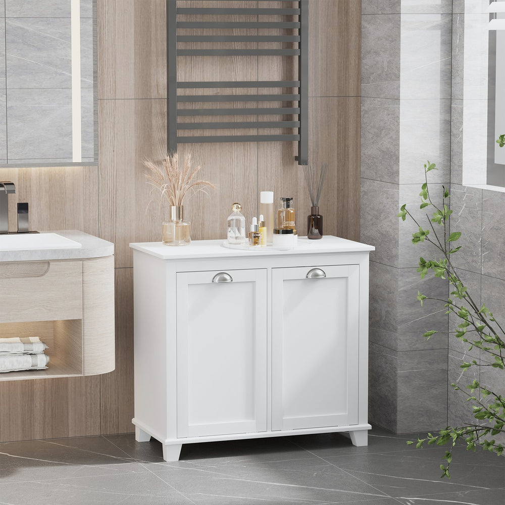 English Elm HOMCOM Tilt-Out Laundry Sorter Cabinet with Dual Hampers & Shelves, Water-Resistant MDF, 30" W W2225P173990