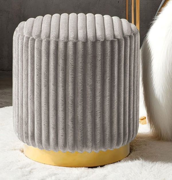English Elm Gray Channel‑Tufted Round Accent Stool with Gold Stainless Steel Plinth Base, Plush Fur Fabric, 16" B2741P388368
