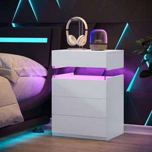 English Elm Nightstand with Led Backlighting Acrylic Panel Four Drawers Modern Bedroom Side Table White W2178P246212