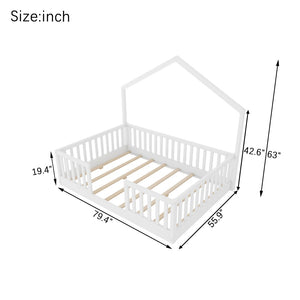 English Elm Twin Montessori Floor Bed House Frame with Led Lighting and Safety Rails for Kids White W2593P440604
