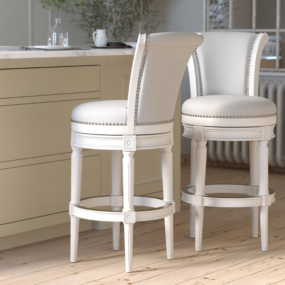 English Elm 26in. Wood High-back Swivel Barstool Farmhouse Style Nailhead Upholstered Kitchen Seat White B2751P436429