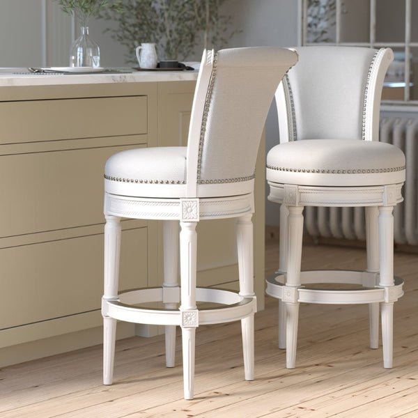 English Elm 26in. Wood High-back Swivel Barstool Farmhouse Style Nailhead Upholstered Kitchen Seat White B2751P436429