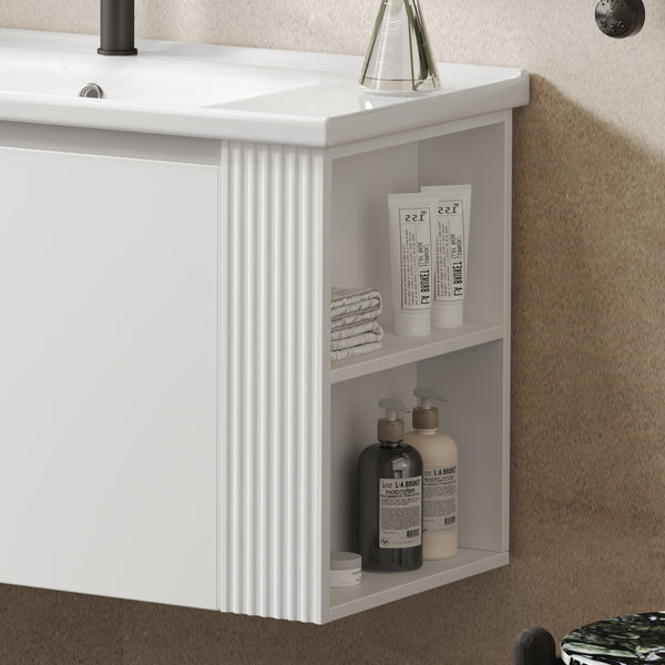 English Elm Christopher Knight Home® - 36" Modern Wall-Mounted Bathroom Vanity with Ceramic Sink, Soft-Close Doors, Fluted Accent & Open Shelves White N817P245322W