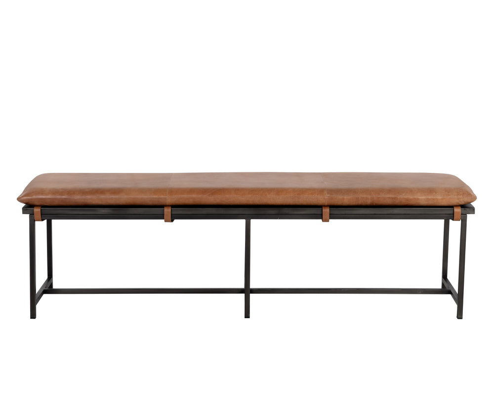 Sunpan Zancor Bench - Timeless Tan Leather Elegance with Gunmetal Steel Frame for Unique Home Style