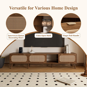 English Elm 78" Rattan TV Stand for 75-85" TVs with Glass Shelves, Solid Wood Legs, Soft-Close Doors, Walnut Finish N710P298238P