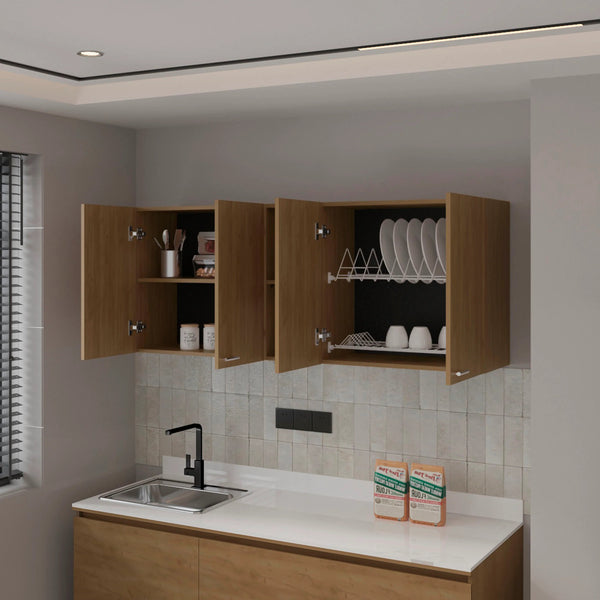 English Elm Natural Oak Wall Cabinet - Elegant Melamine Storage With 4 Doors & Open Shelves For Home Organization B062P290289