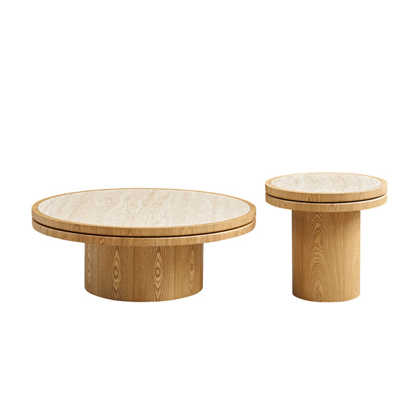 English Elm 35.43 Inch Round Sintered Stone Coffee Table with Mdf Pedestal Base for Modern Living W876S00351