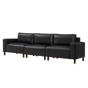 English Elm 112" Mid-century Faux Leather Three-seat Sofa with Rubberwood Legs for Living Room Black W1097S00255
