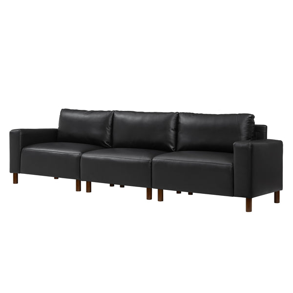 English Elm 112" Mid-century Faux Leather Three-seat Sofa with Rubberwood Legs for Living Room Black W1097S00255