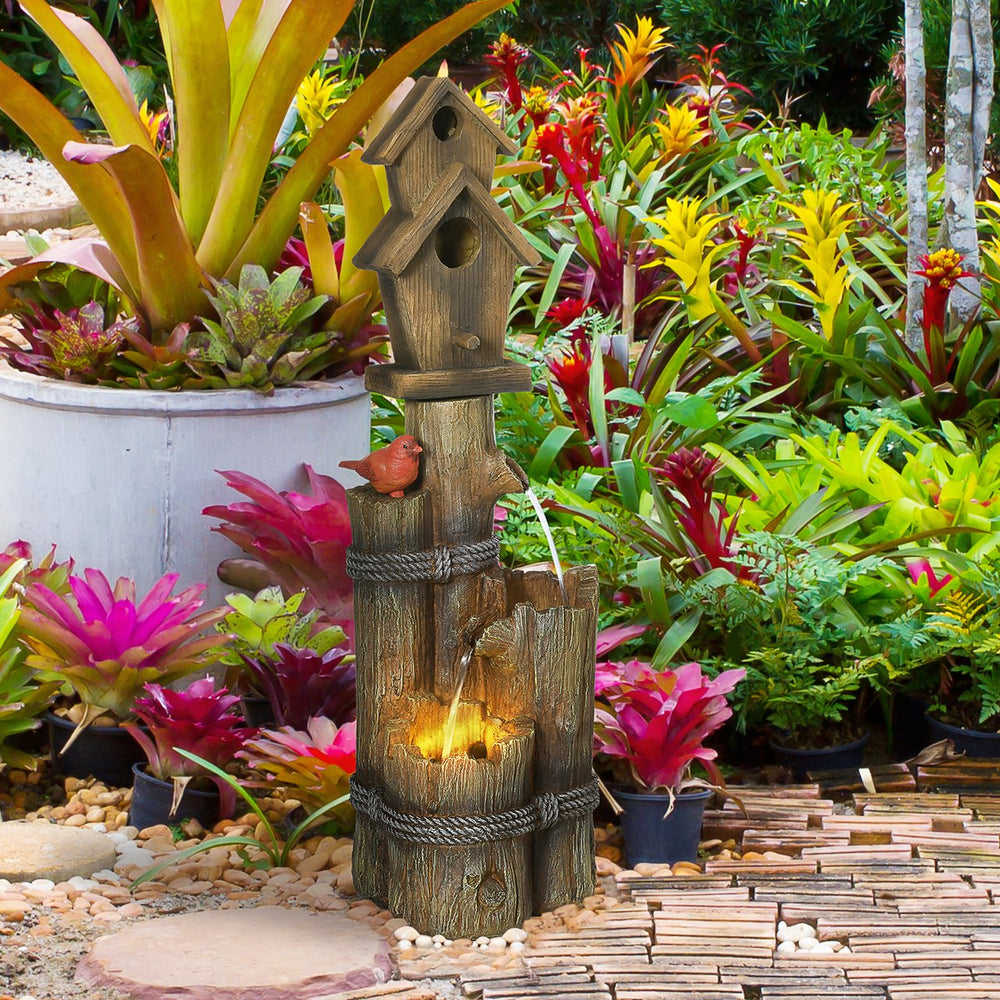 English Elm Outsunny 3 Tier Cascading Log Fountain Bird Bath with Led Lights Rustic Yard Decor W2225P174540