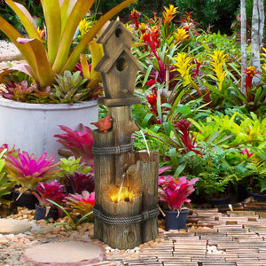 English Elm Outsunny 3 Tier Cascading Log Fountain Bird Bath with Led Lights Rustic Yard Decor W2225P174540