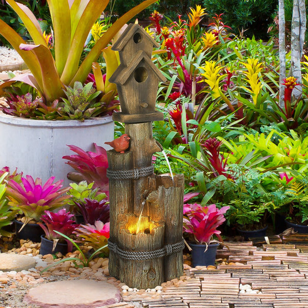 English Elm Outsunny 3 Tier Cascading Log Fountain Bird Bath with Led Lights Rustic Yard Decor W2225P174540