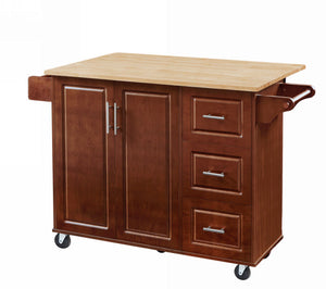 English Elm Kitchen Island Cart with Drop-Leaf Rubberwood Countertop, Rolling Tower Rack, Drawers & Spice Storage Brown W1820P195006