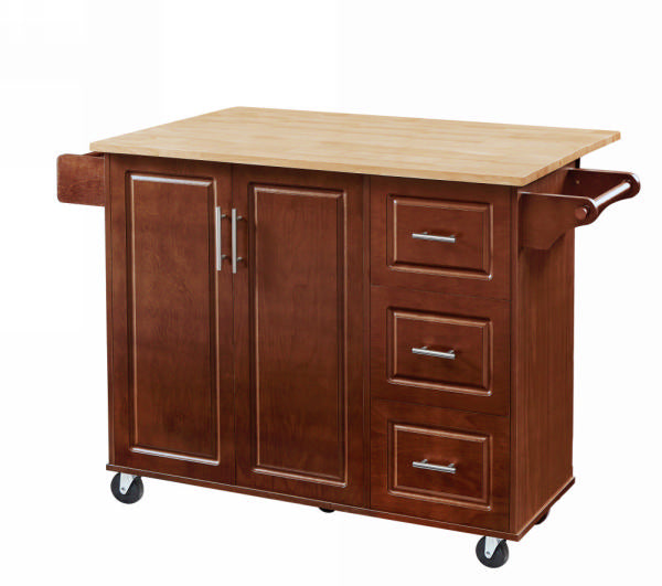 English Elm Kitchen Island Cart with Drop-Leaf Rubberwood Countertop, Rolling Tower Rack, Drawers & Spice Storage Brown W1820P195006